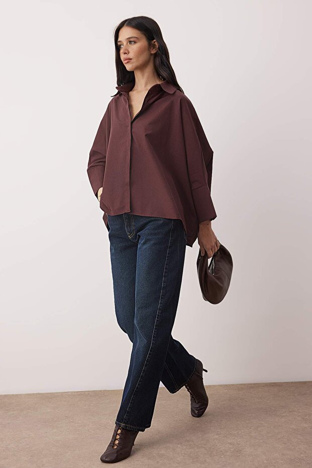 Mürdüm Geniş Manşetli Oversize Dokuma Gömlek TWOAW26GO00130 - 1