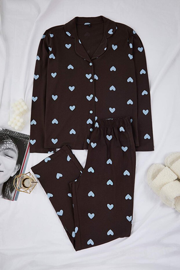 Kahverengi-Mavi %100 Pamuklu Kalp Desenli Örme Pijama Takımı THMAW21PT0548 - 5