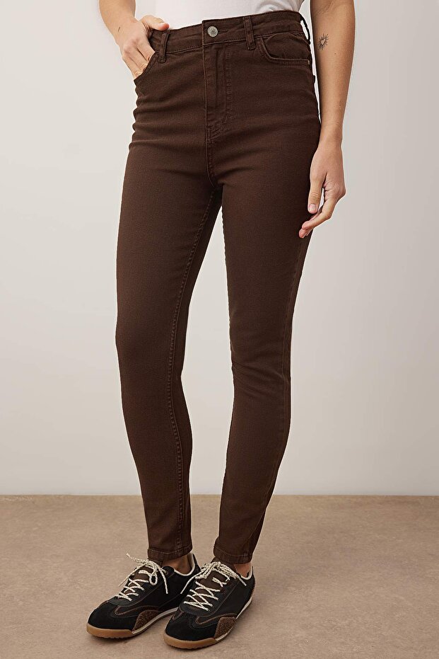 Kahverengi Yüksek Bel Esnek Skinny Jeans TWOAW24JE00068 - 3