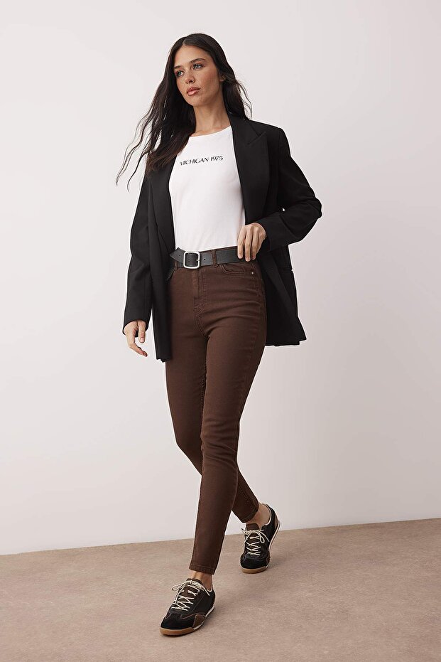 Kahverengi Yüksek Bel Esnek Skinny Jeans TWOAW24JE00068 - 2