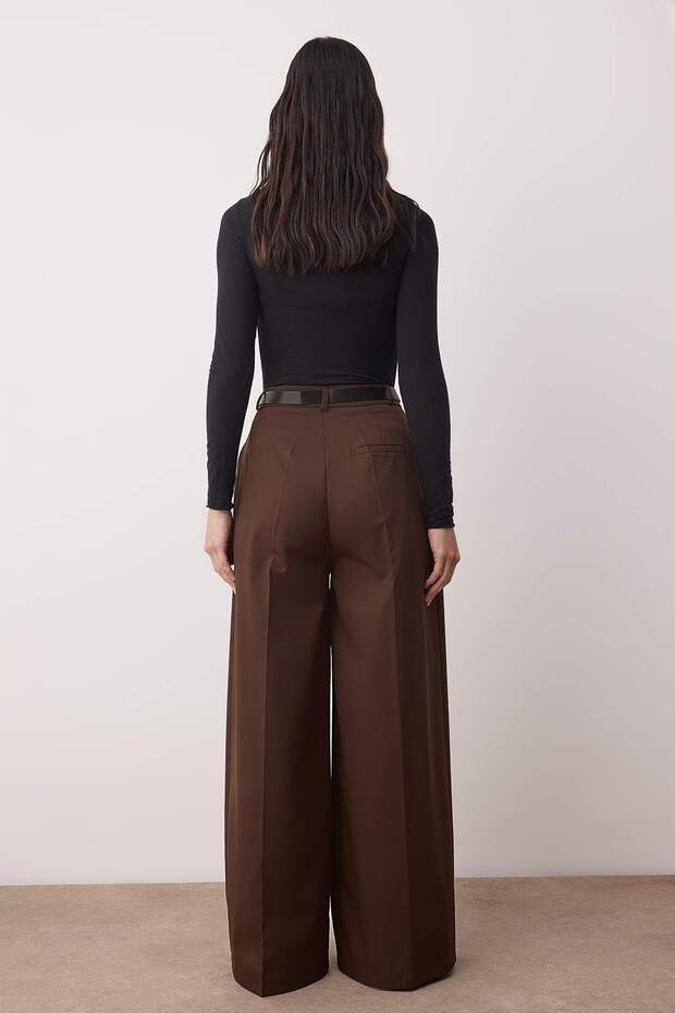 Koyu Kahverengi Kemerli Wideleg/Geniş Paça Pantolon TWOAW26PL00162 - 4