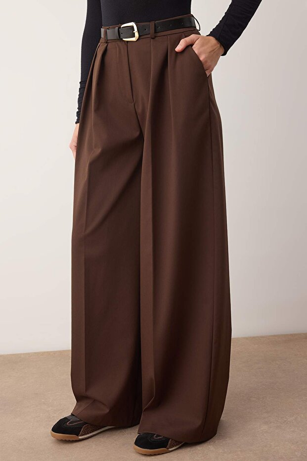 Koyu Kahverengi Kemerli Wideleg/Geniş Paça Pantolon TWOAW26PL00162 - 3