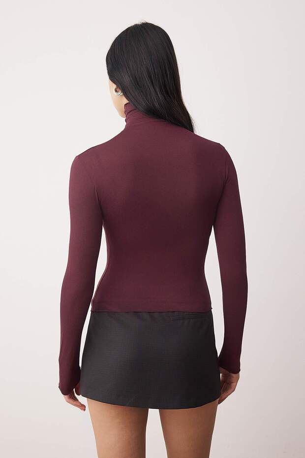 Mürdüm Transparan Dik Yaka Esnek Normal Boy Örme Bluz TWOAW26BZ00266 - 4
