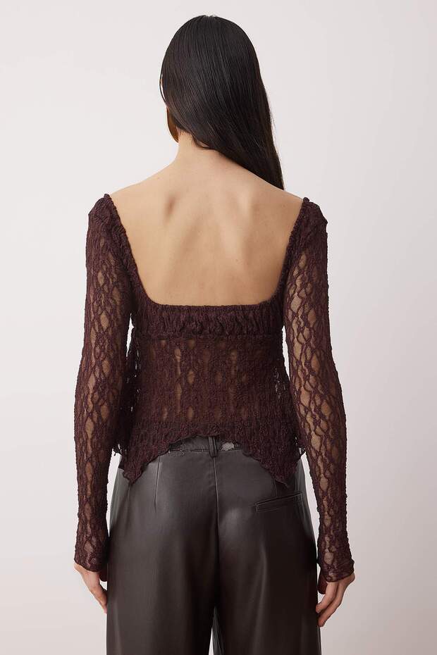 Bordo Kare Yaka Astarsız Dantel Party Bluz TPRAW26BZ00070 - 4