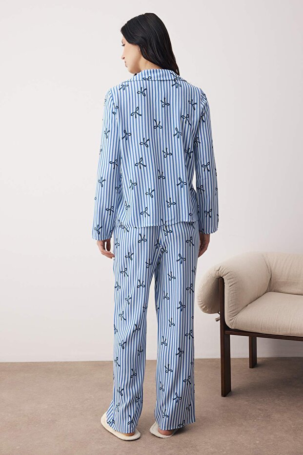 Mavi-Çok Renkli Kalp Viskon Dokuma Pijama Takımı THMAW21PT0936 - 4