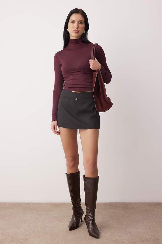 Mürdüm Transparan Dik Yaka Esnek Normal Boy Örme Bluz TWOAW26BZ00266 - 2