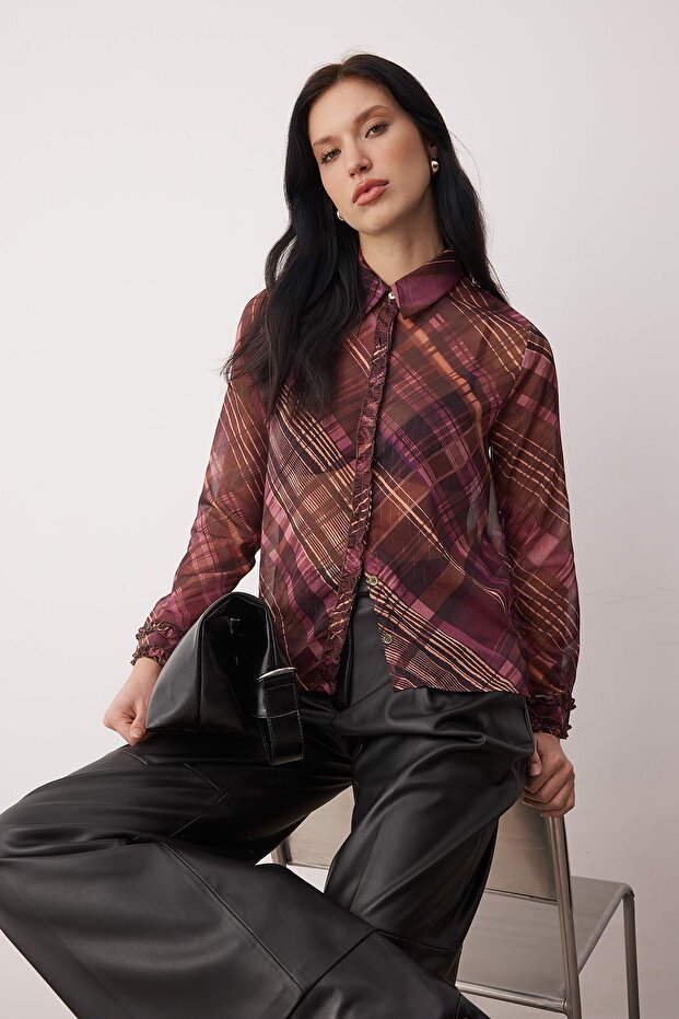 Bordo Ekoseli Regular Kalıp Astarsız Şifon Gömlek TWOAW26GO00139 - 2