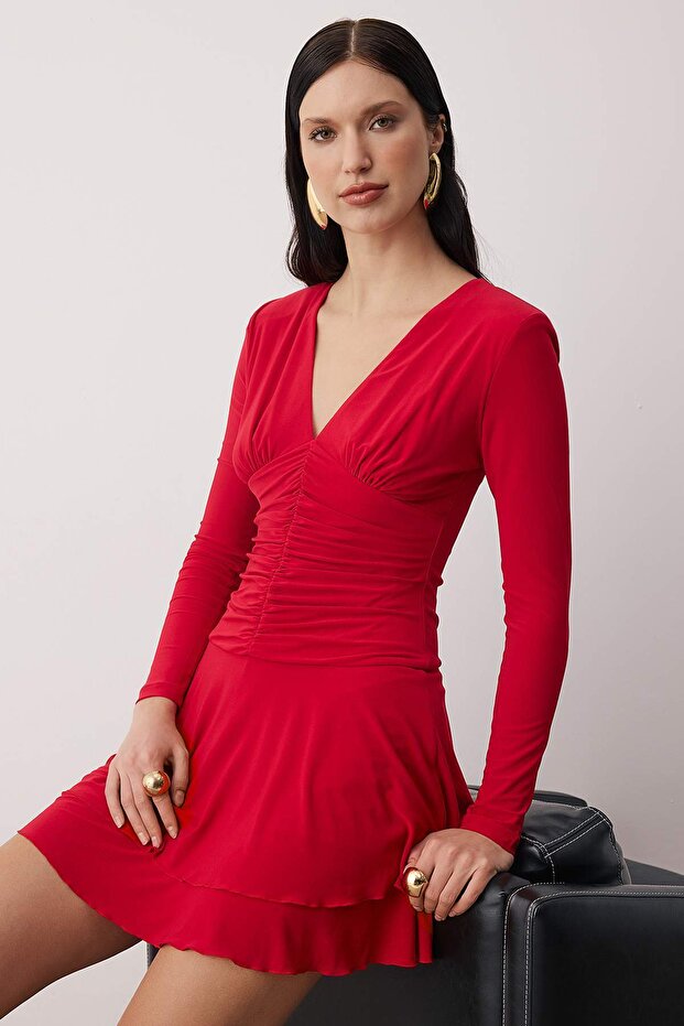 Kırmızı Örme Süper Mini İçi Şort Astarlı Şık/Gece Elbisesi TPRAW26EL00143 - 1