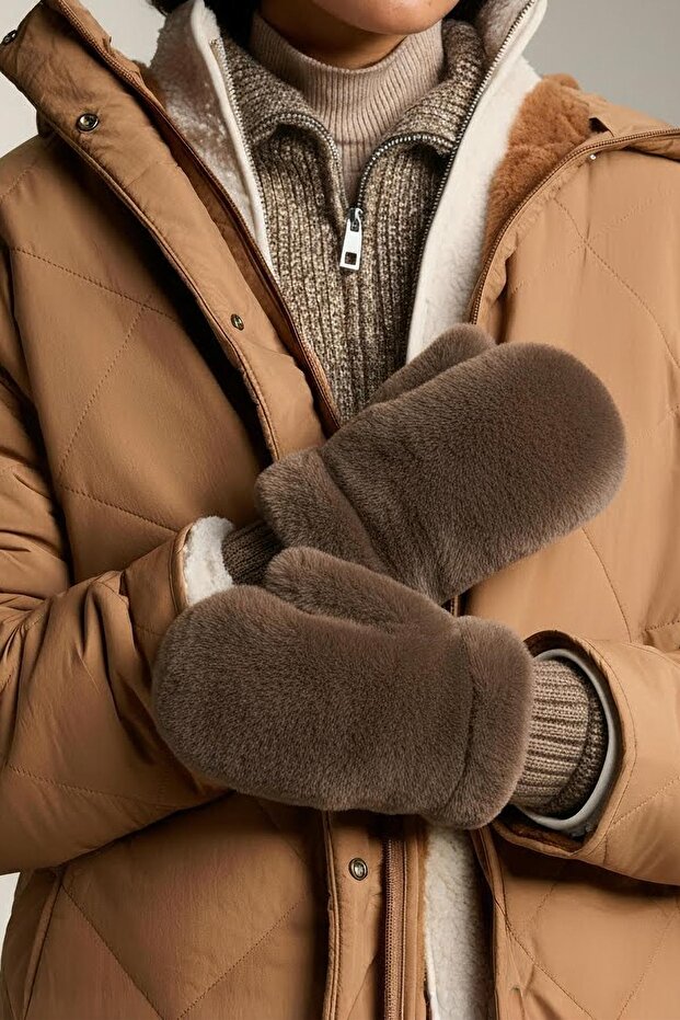 Elastik manşetli suni kürklü eldivenler - 2