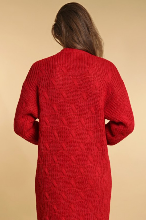 Kadın Kırmızı Uzun Triko Hırka - 4