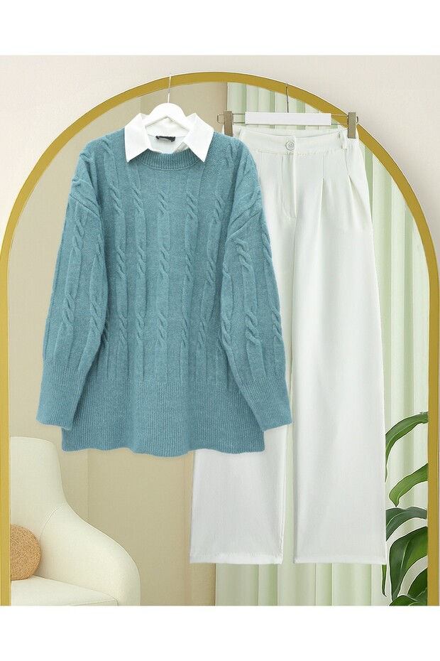 Embossed Patterned Soft Knit Sweater - Turquoise - 6