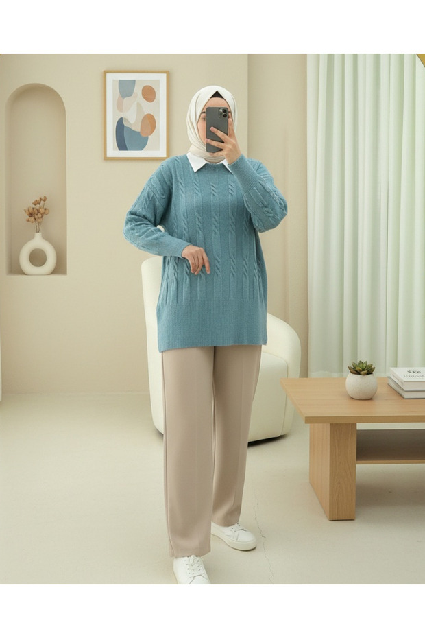 Embossed Patterned Soft Knit Sweater - Turquoise - 1