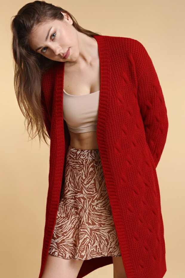 Kadın Kırmızı Uzun Triko Hırka - 1