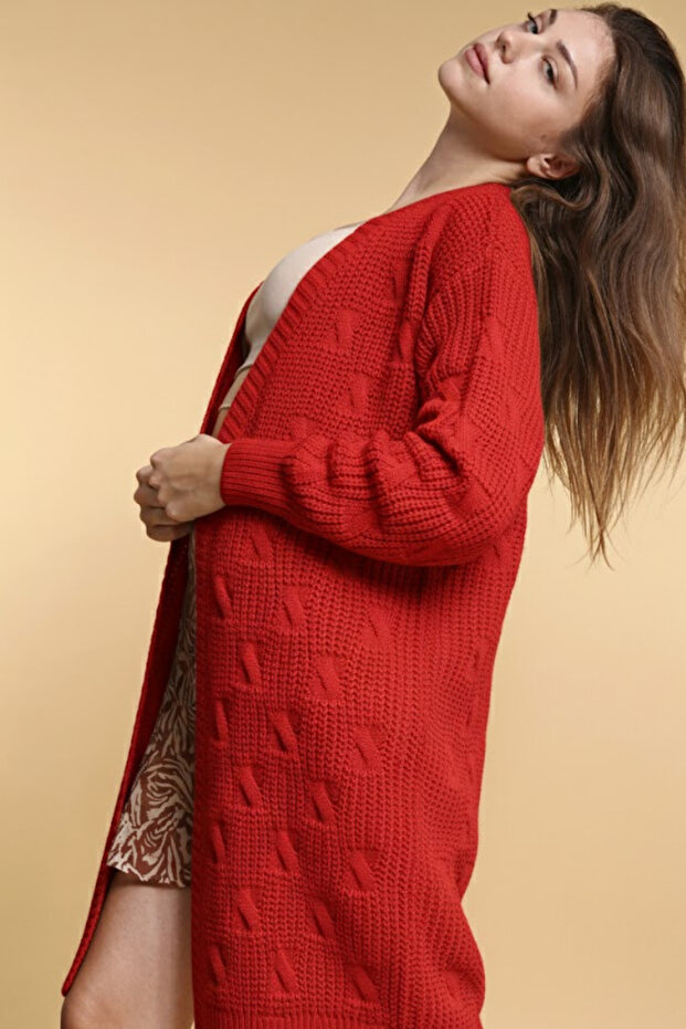 Kadın Kırmızı Uzun Triko Hırka - 2