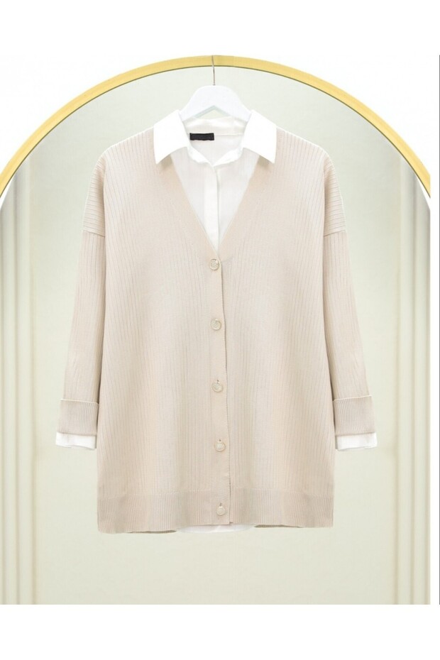 Düğmeli Fitilli Triko Hırka  -Krem - 4