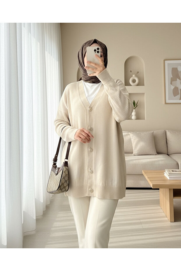 Düğmeli Fitilli Triko Hırka  -Krem - 3