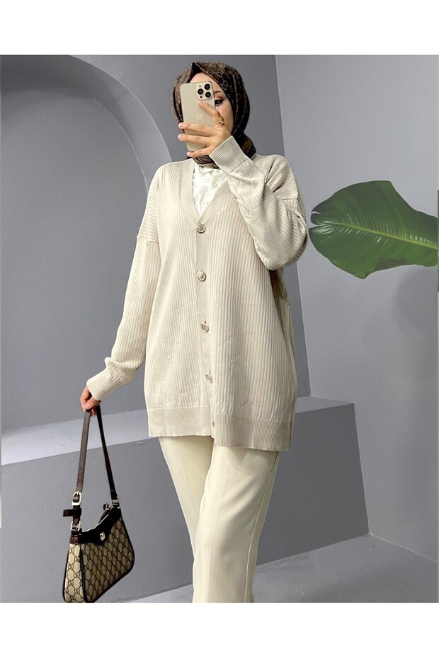 Düğmeli Fitilli Triko Hırka  -Krem - 6