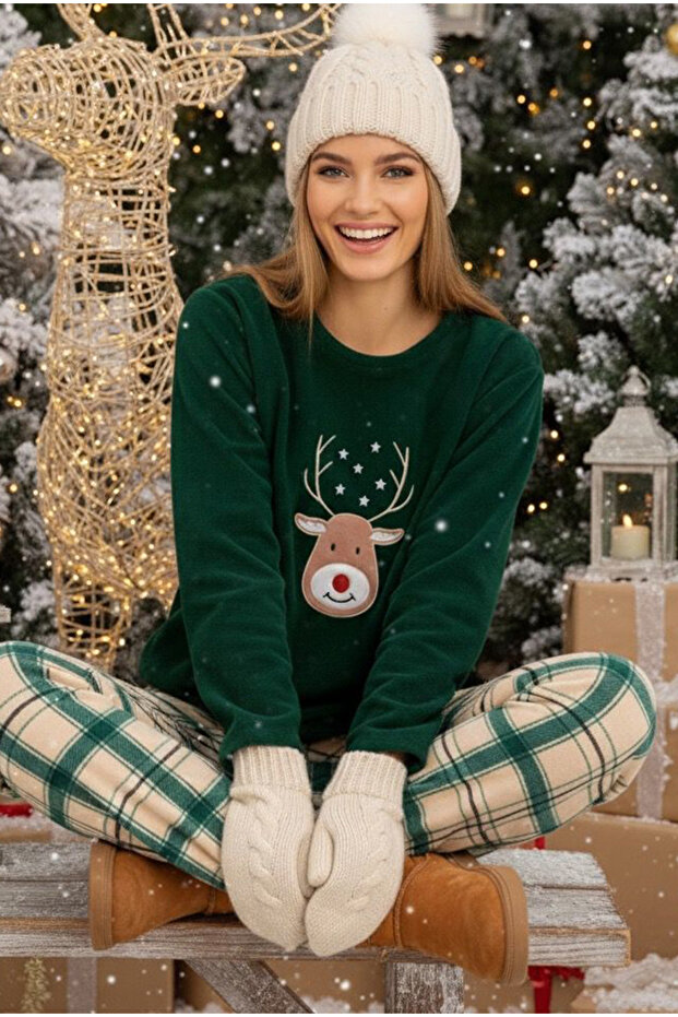 Green Deer Embroidered Plaid Fleece Winter Knitted Pajama Set