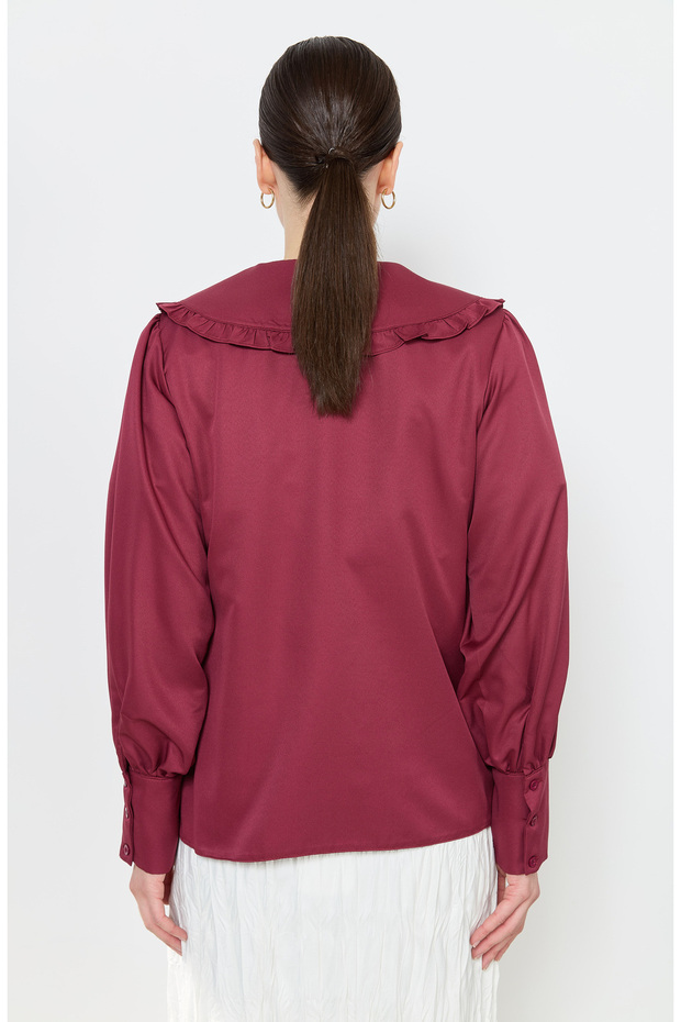 Fırfır Yaka Bordo Basic Gömlek - 6