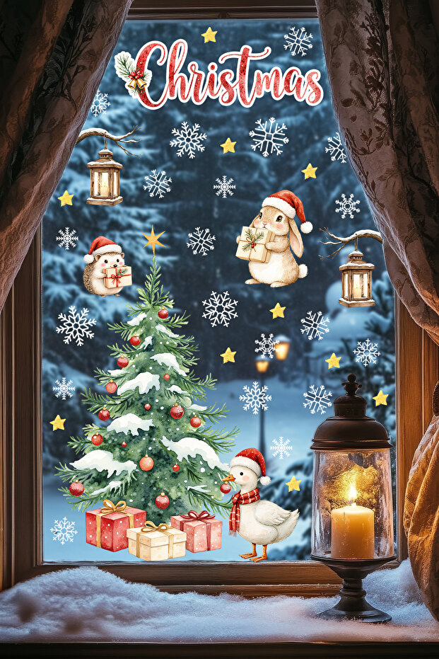 Christmas New Year Glass Sticker Set 50 Pieces – Double-Sided Printing, Waterproof, with Snowflake Figure