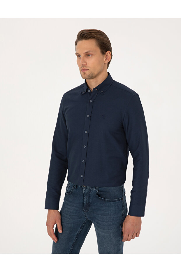 Navy Blue Slim Fit Long Sleeve Shirt 50297998 -Vr033
