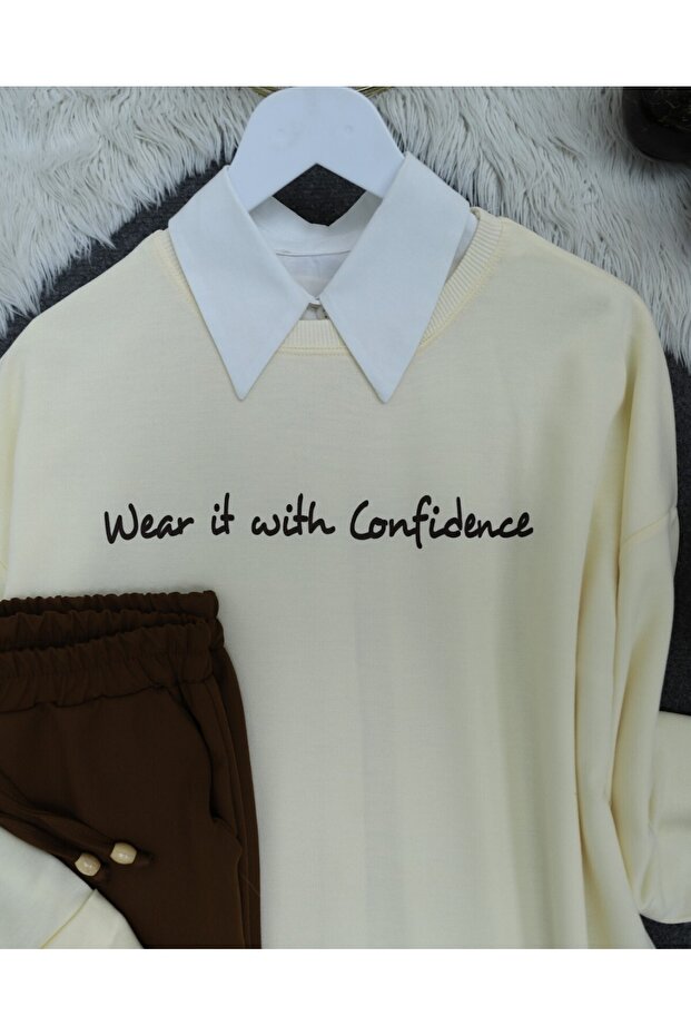 Baskılı Penye Sweat -Krem - 5