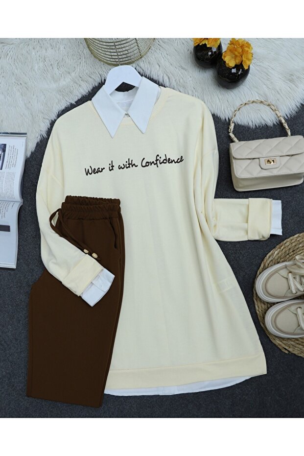 Baskılı Penye Sweat -Krem - 3