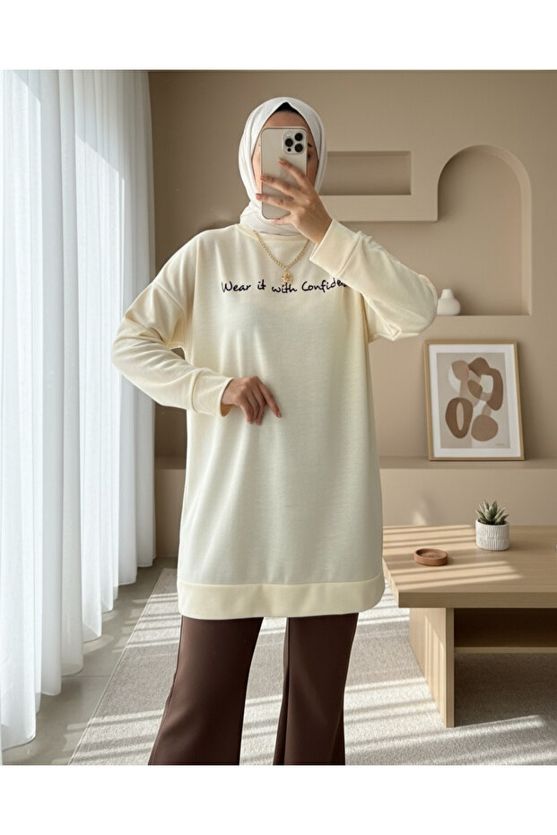 Baskılı Penye Sweat -Krem - 1