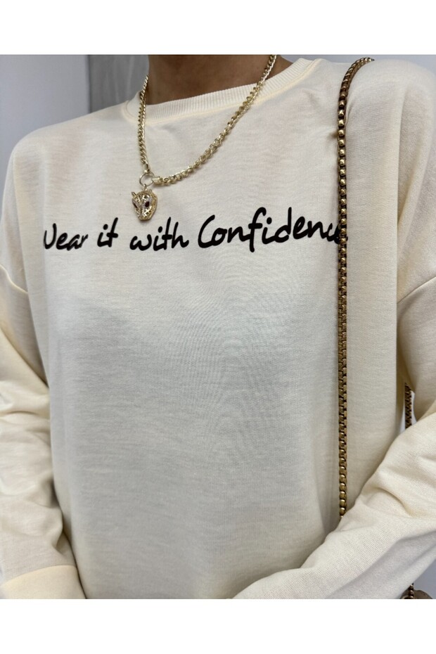 Baskılı Penye Sweat -Krem - 4