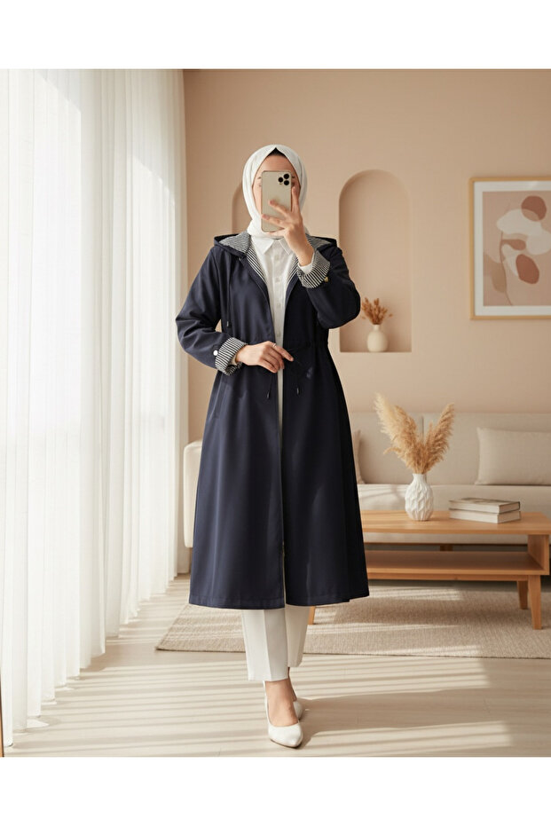 Trench Coat with Foldable Sleeves and Hood, Elastic Waist - Navy