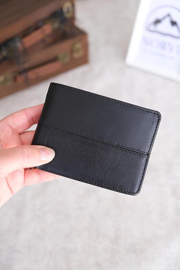 Multi-Compartment Genuine Leather Black Wallet 1035