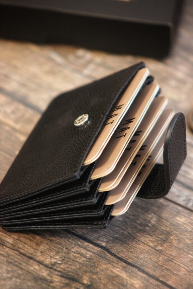 Genuine Leather Horizontal Accordion Card Holder | Bowl-Shaped Card Holder | Stylish Business Card Holder | Black | Gift Boxed