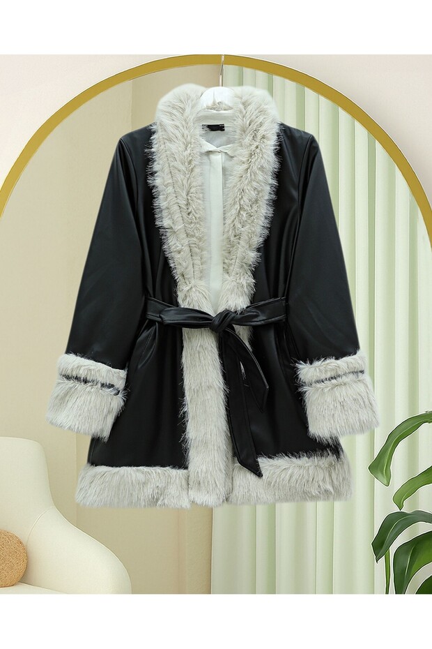 Leather Jacket with Fur Collar and Sleeves, Fur Lined Belt - Black