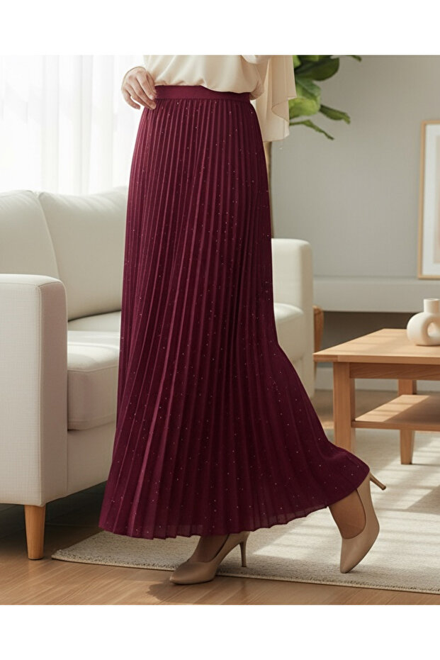 Taşlı Pliseli Etek -Bordo - 2