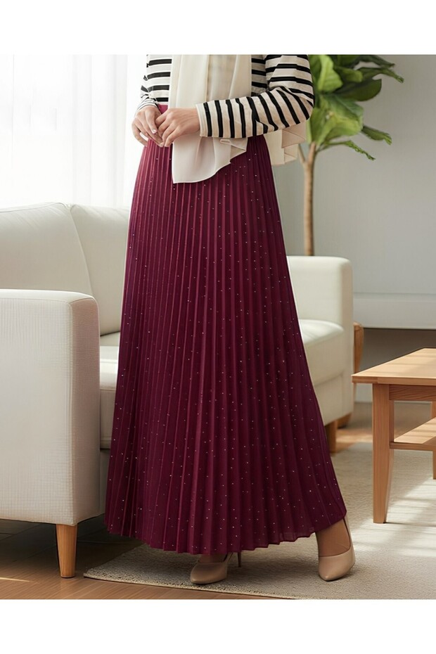 Taşlı Pliseli Etek -Bordo - 5