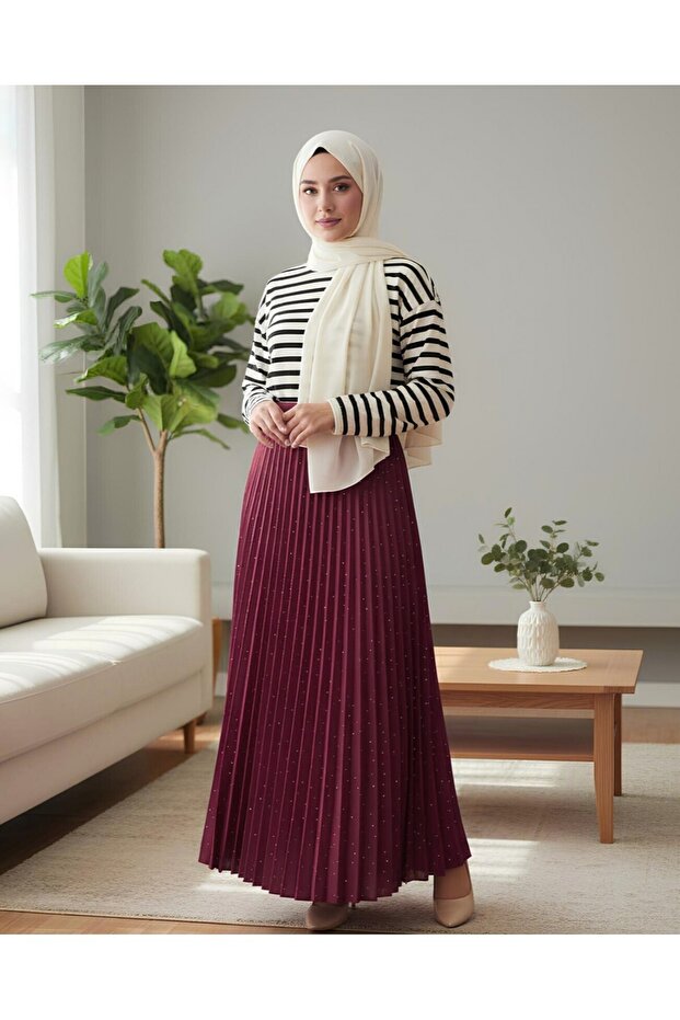 Taşlı Pliseli Etek -Bordo - 4