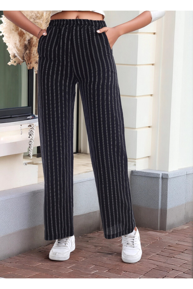 20333459 Linen Stripe Patterned Pocket Trousers Black