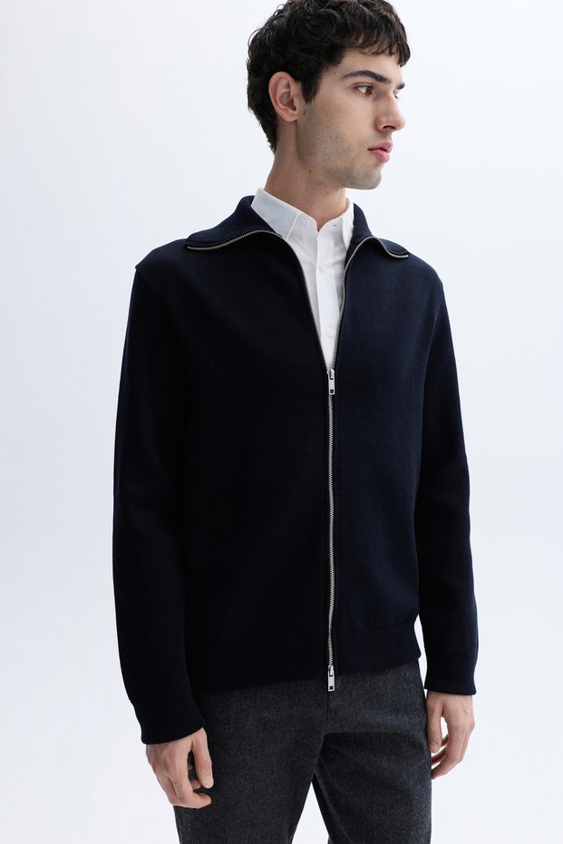Men's Black Stand Collar Double Zipper Cardigan