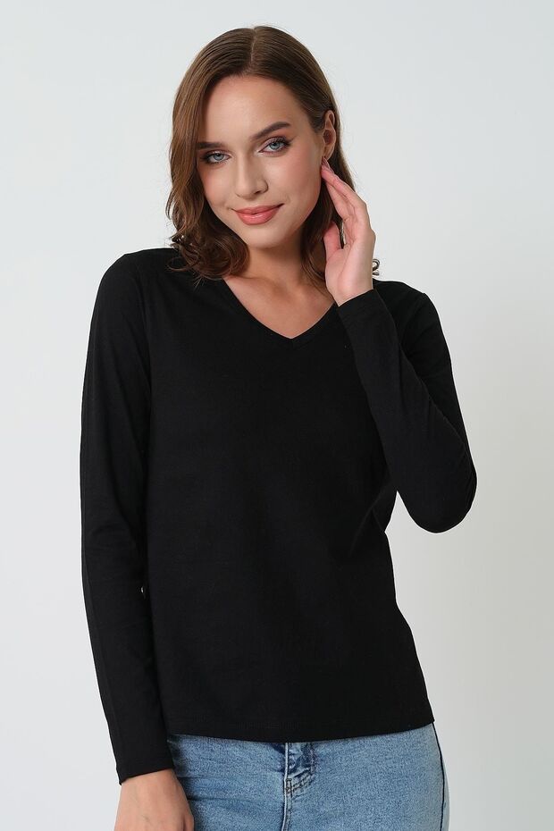 Kadın Uzun Kollu V Yaka Basic Pamuklu Örme Bluz - 5