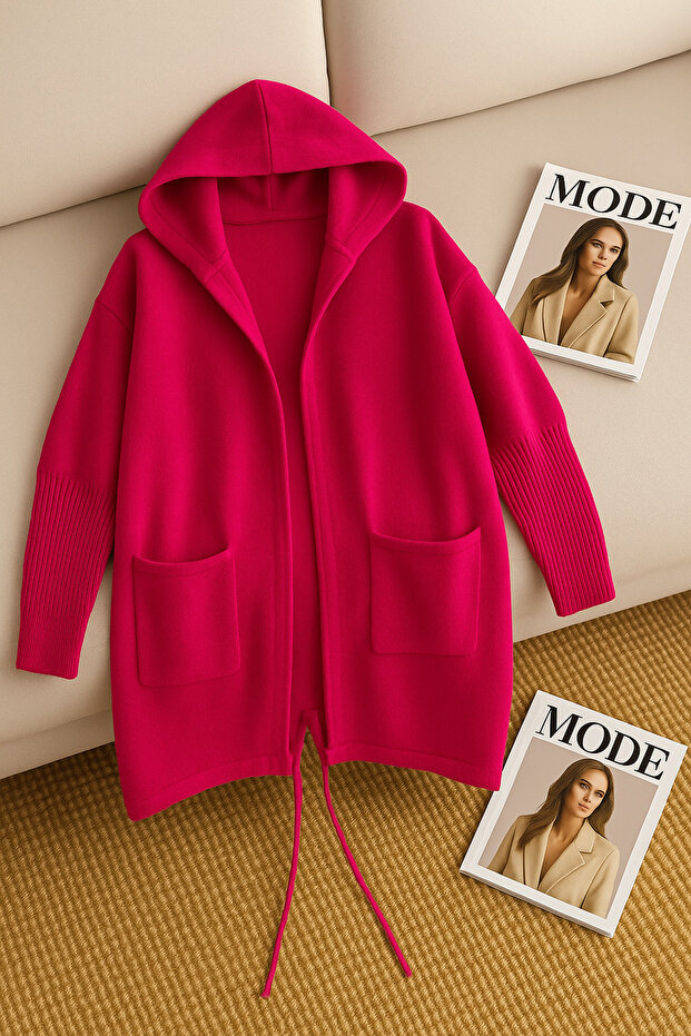 Fuchsia Hooded Batwing Sleeve Oversized Knitwear Cardigan with Double Pockets Standard Size (Compatible with Sizes up to 48)