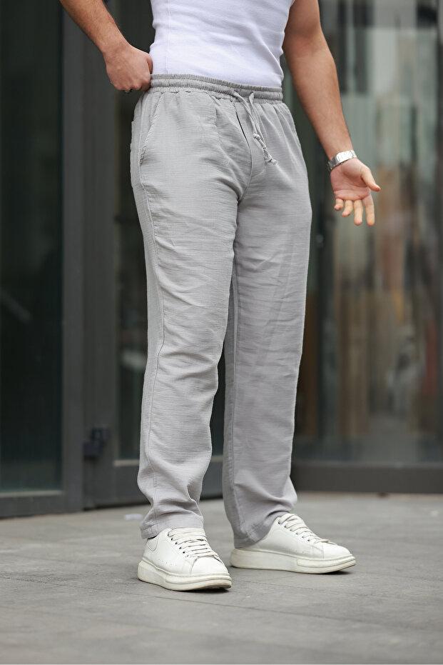 Men's Elastic Waist Loose Gray Linen Baggy Trousers