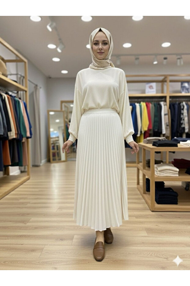 Kadın Ekru Piliseli Etek - 1