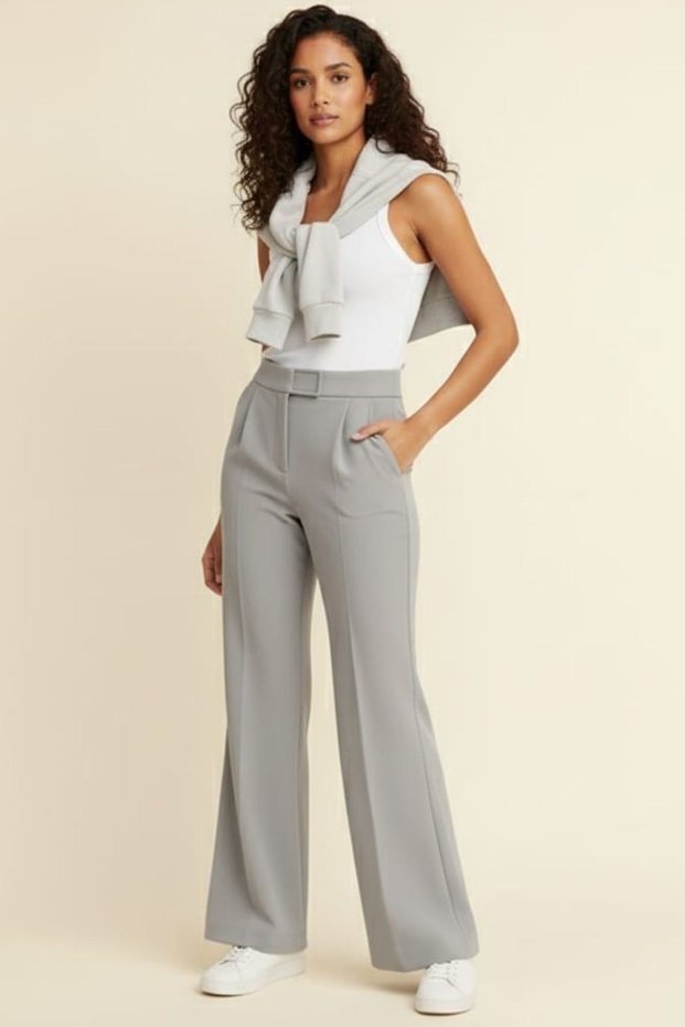 Gray Women's High Waist Stretch Fabric Velcro Closure Palazzo Wide Leg Trousers