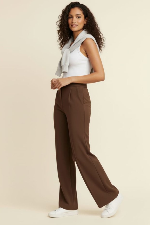 Brown Women's High Waist Stretch Fabric Velcro Closure Palazzo Wide Leg Trousers
