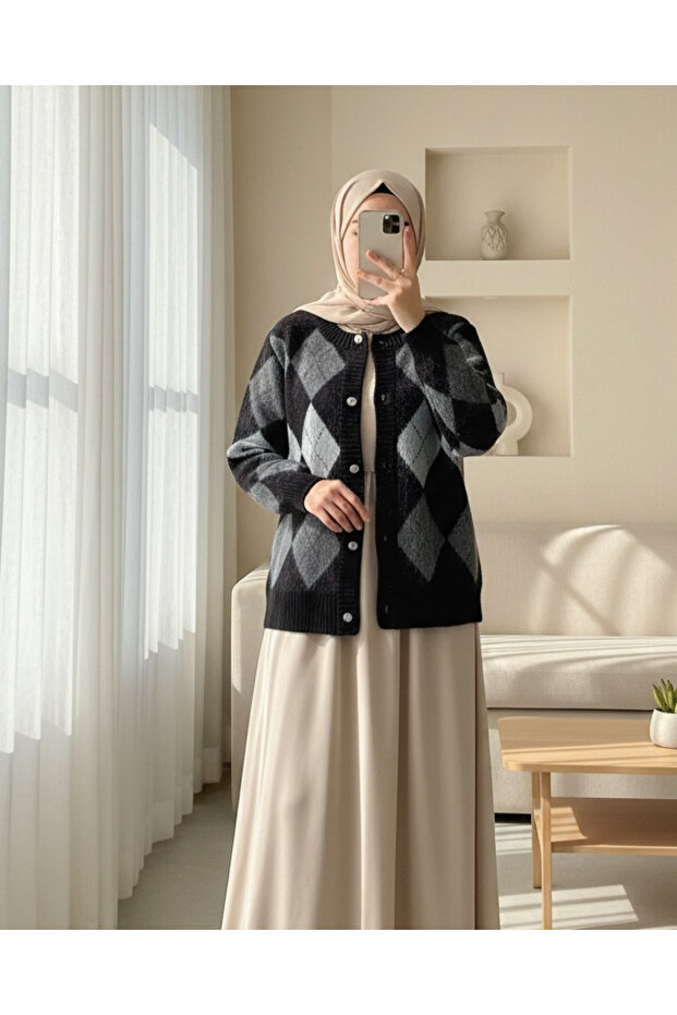 كارديجان تريكو مربع منقوش بطبقة مزدوجة بأزرار - أسود - 1