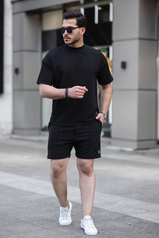 Erkek Alt Üst Oversize Tişört Basic Şort Siyah Ikili Takım - 1