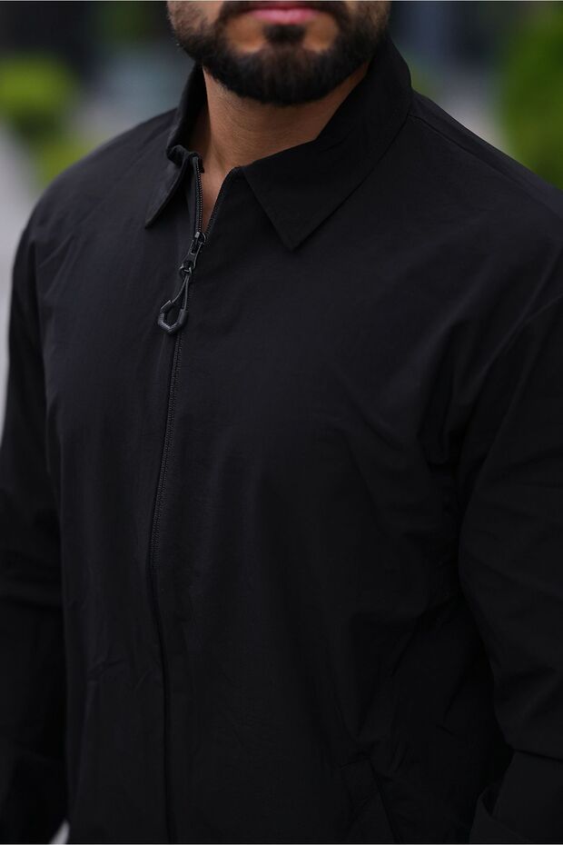 Erkek Fermuar Gömlek Basic Eşofman Siyah İkili Takım - 2