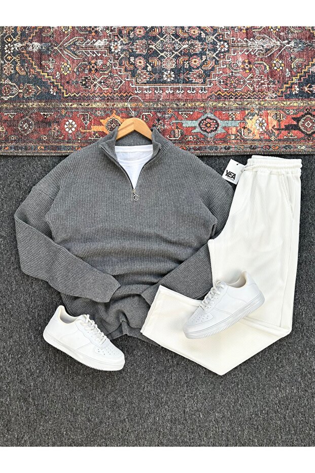 Thessaloniki Plain Knitted Stand Collar Half Zipper Knitwear Sweater and Ottoman Fabric Trousers 2-Piece Set