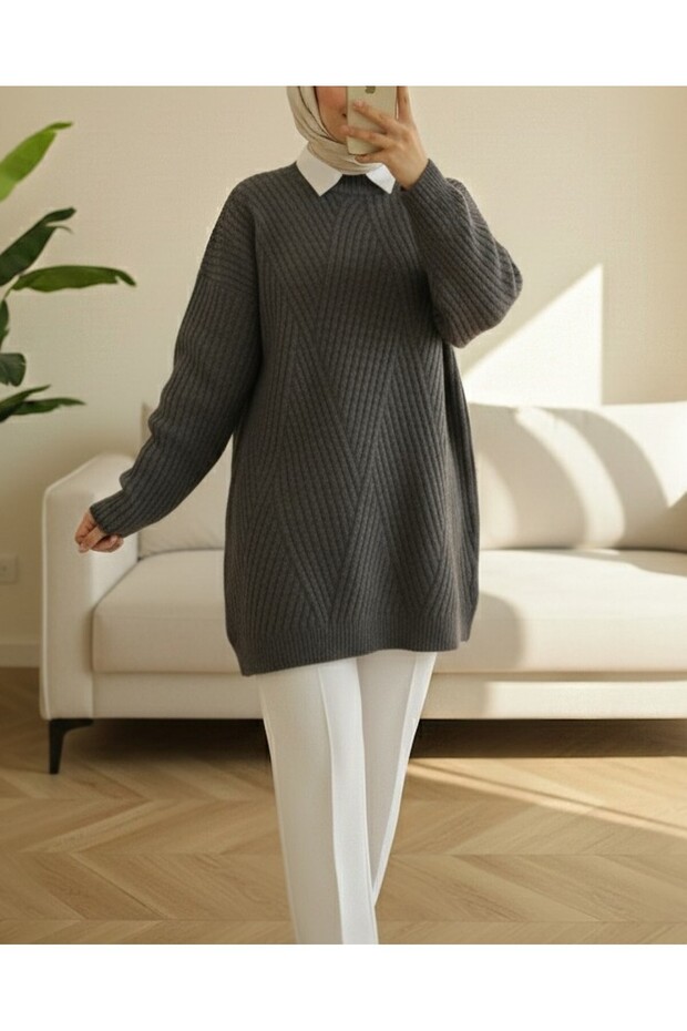 Yürüme Knitwear Diamond Patterned Knitwear Tunic - Smoked