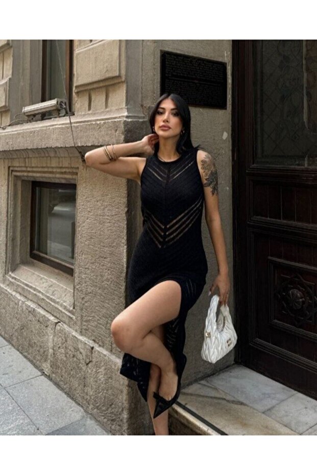 Merserize Şerit Yırtmaçlı Triko Elbise -Siyah - 3